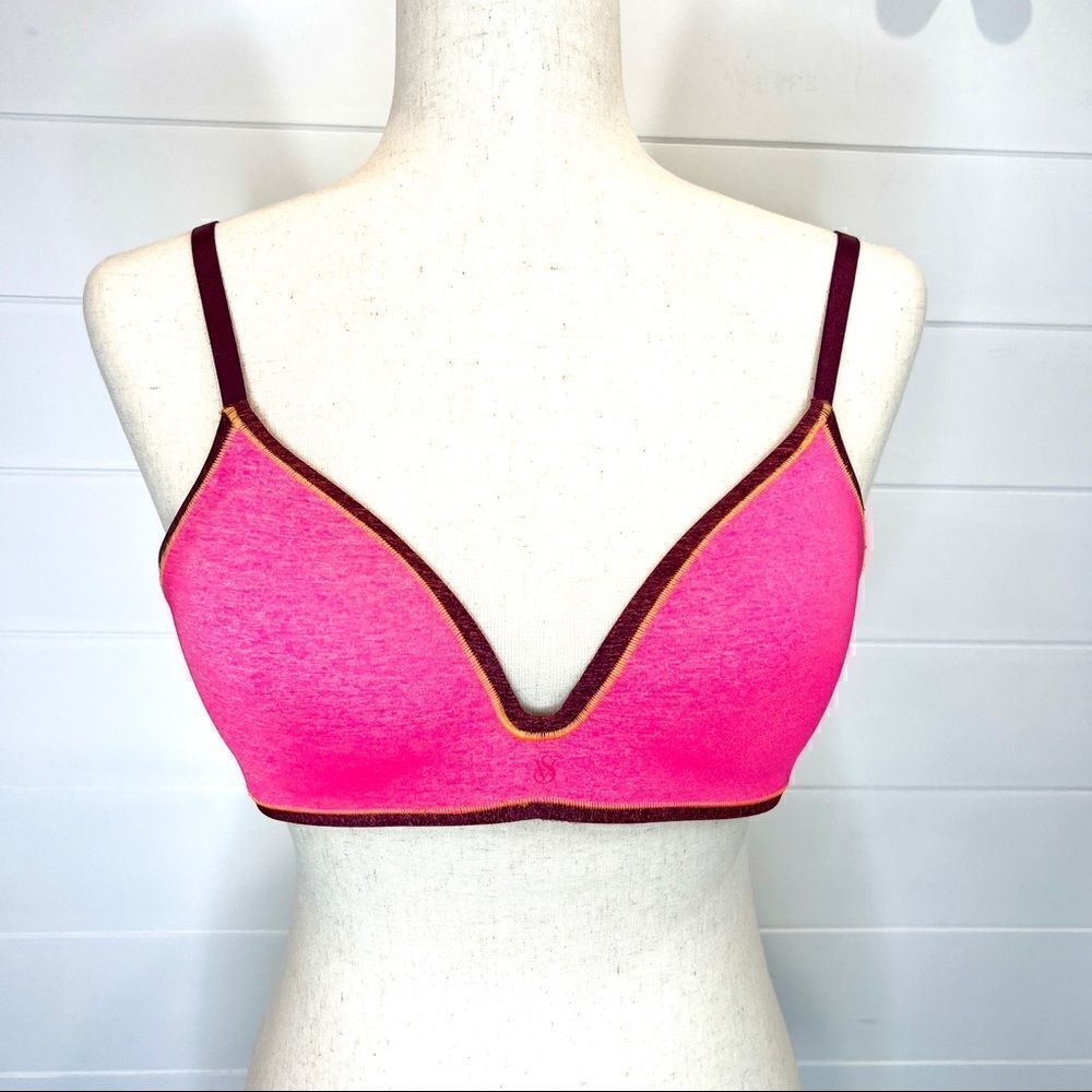 Victoria’s Secret No Wire Heathered Hot Pink Orange Maroon Trim Bra 34B